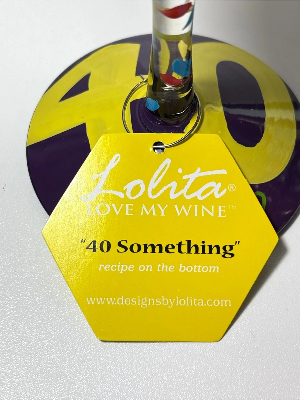 Lolita “40 Something” Wine Glass with Yellow Rim and Multicolor Candle Motifs